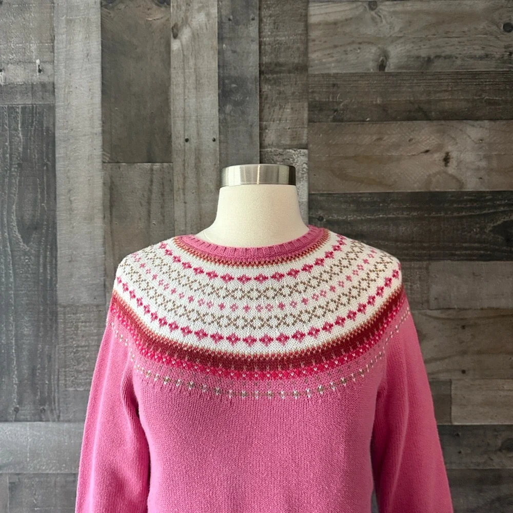Lands’ End pink knit Nordic pattern sweater girls size 14 preppy holiday winter